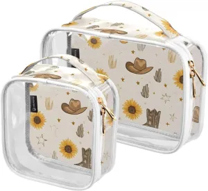 2 Pack Clear Makeup Bag, Cowboy Boots Cactus Sunflower Pattern Cosmetic Organizer Waterproof Travel Toiletry Bags for Women Transparent Handbag Purse