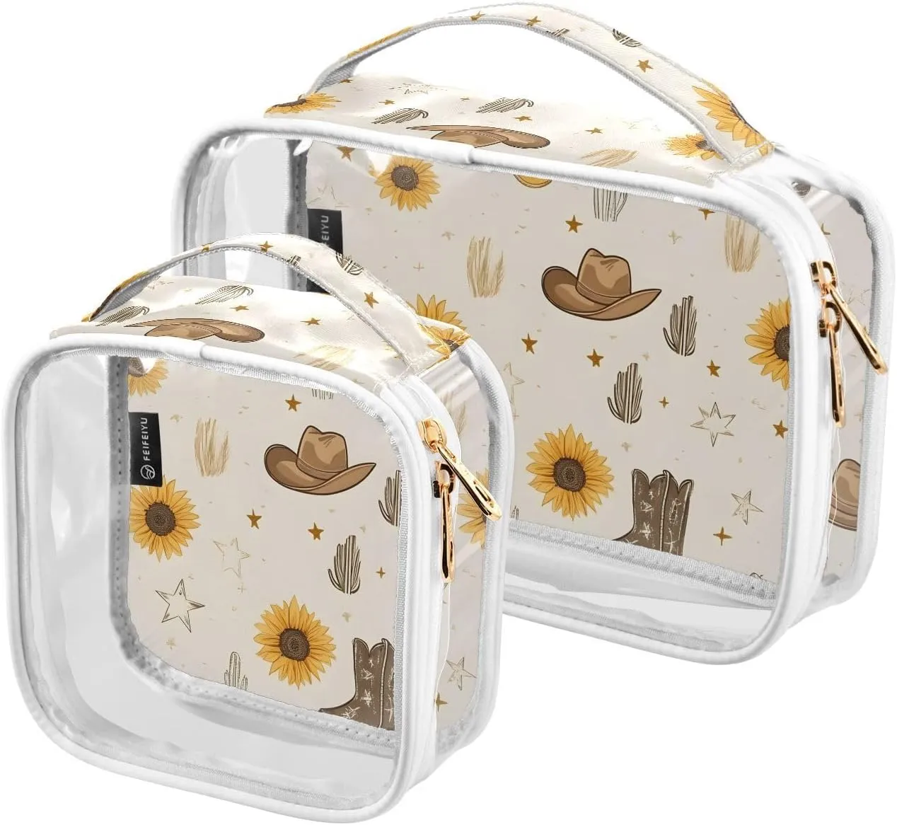 2 Pack Clear Makeup Bag, Cowboy Boots Cactus Sunflower Pattern Cosmetic Organizer Waterproof Travel Toiletry Bags for Women Transparent Handbag Purse