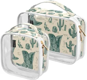 2 Pack Clear Makeup Bag, Green Cowboy Boots Cactus Flower Pattern Cosmetic Organizer Waterproof Travel Toiletry Bags for Women Transparent Handbag Purse