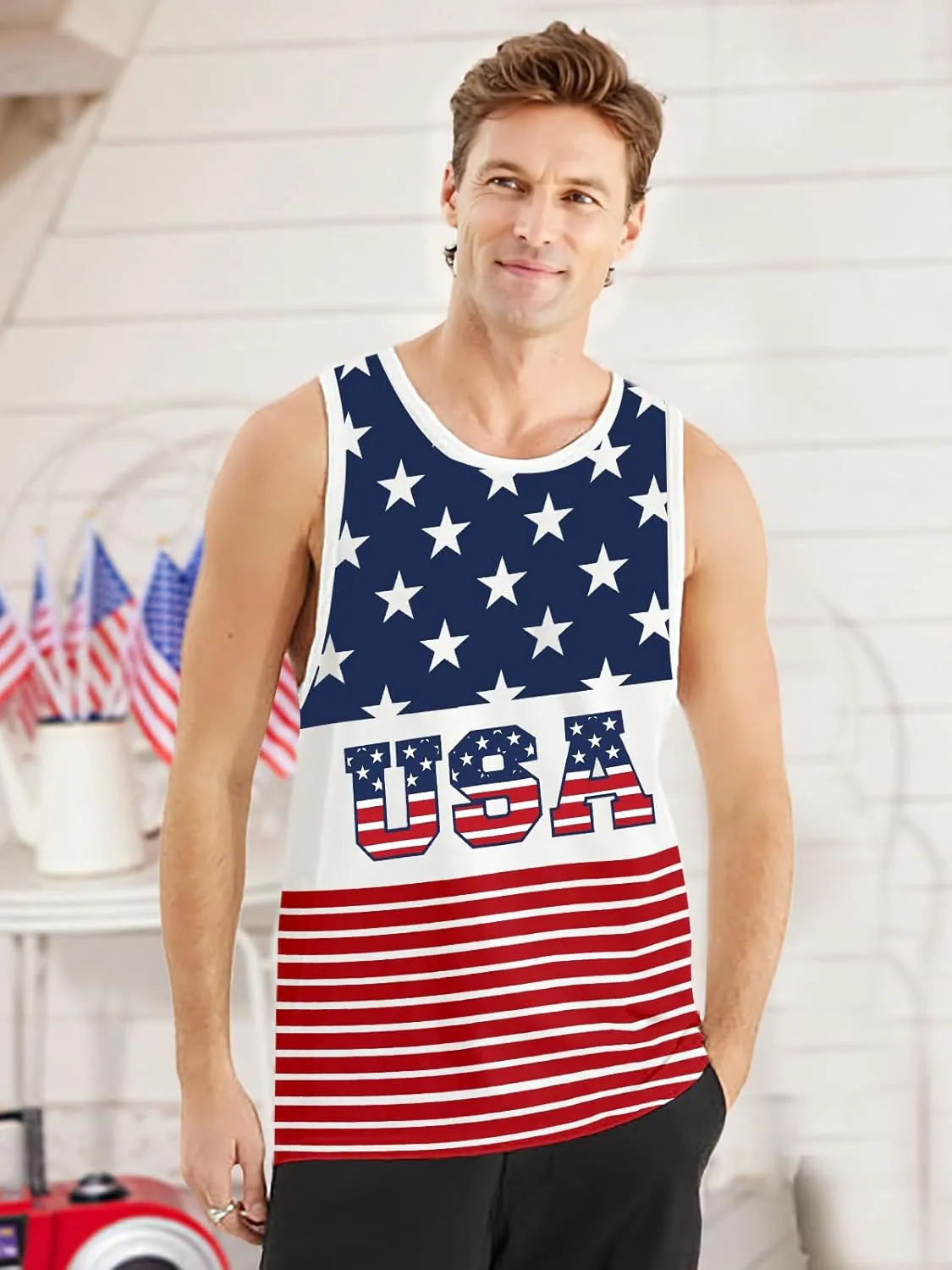 4th of July Tank Top Men American Flag Patriotic Sleeveless Shirts USA Stars and Stripes Independence Day Muscle Tanks