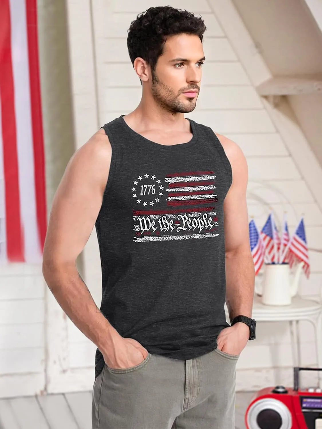 4th of July Tank Top Men American Flag Patriotic Sleeveless Shirts USA Stars and Stripes Independence Day Muscle Tanks