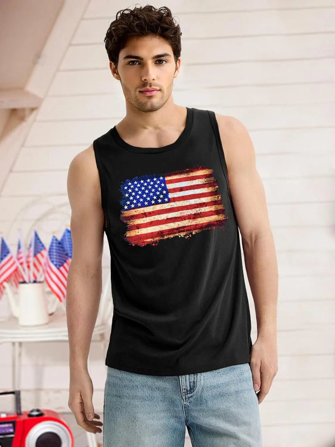 4th of July Tank Top Men American Flag Patriotic Sleeveless Shirts USA Stars and Stripes Independence Day Muscle Tanks