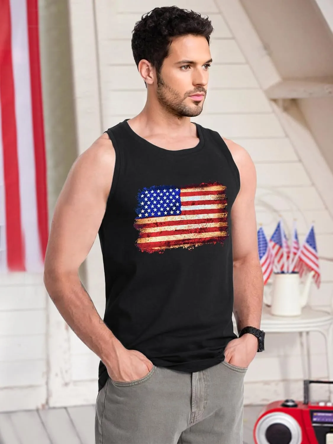 4th of July Tank Top Men American Flag Patriotic Sleeveless Shirts USA Stars and Stripes Independence Day Muscle Tanks