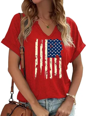 4th of July V Neck Patriotic T-Shirts Women American Flag Print Faith Family Freedom Letter Casual Short Sleeve Tee Tops