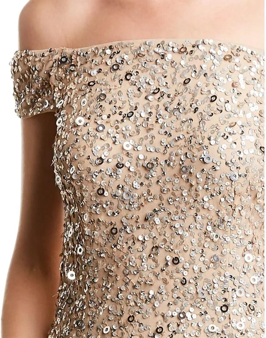 Adrianna Papell Women's Off The Shoulder Sequin Beaded Gown