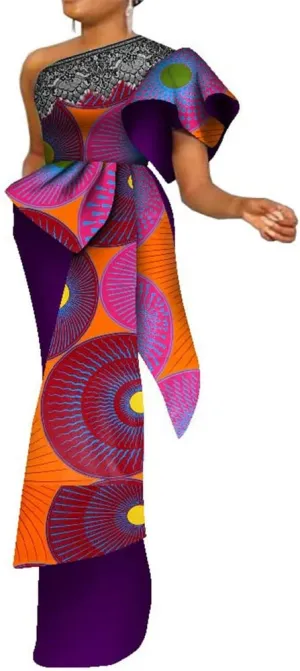 African Dresses for Women Single Shoulder Traditional Ankara Kente Print Pencil Skirt for Evening Party Wedding