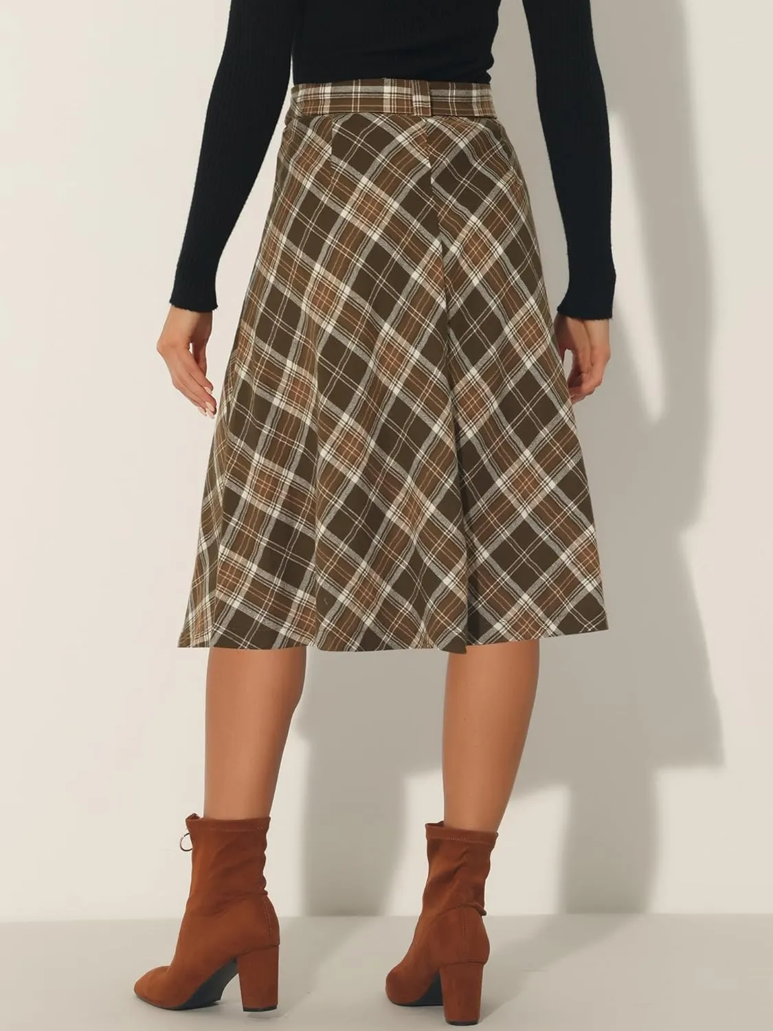 Allegra K Vintage Tartan Plaid Skirt for Women's High Waist Belted Retro A-Line Midi Skirt