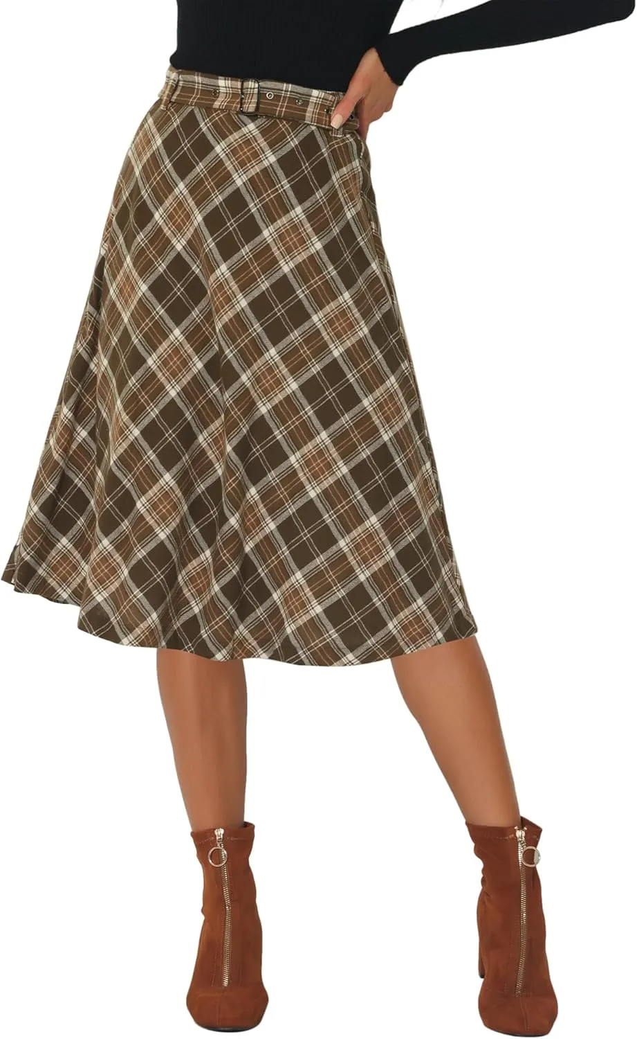Allegra K Vintage Tartan Plaid Skirt for Women's High Waist Belted Retro A-Line Midi Skirt