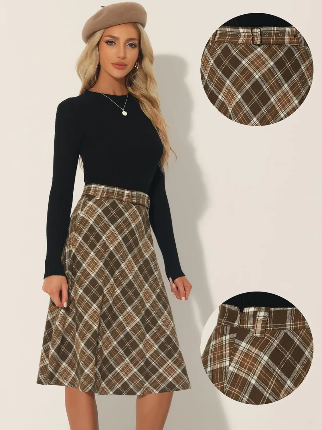 Allegra K Vintage Tartan Plaid Skirt for Women's High Waist Belted Retro A-Line Midi Skirt