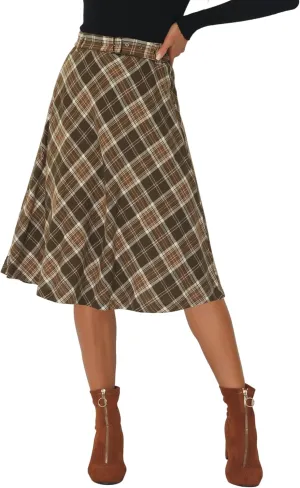 Allegra K Vintage Tartan Plaid Skirt for Women's High Waist Belted Retro A-Line Midi Skirt
