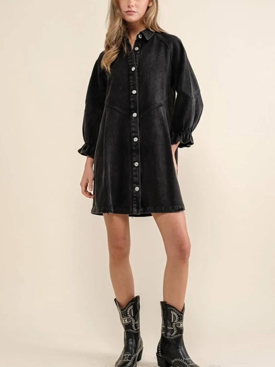 ALSOGO Women Denim Shirt Dress 3/4 Long Sleeves Casual Button Down Babydoll Flowy Jean Dresses
