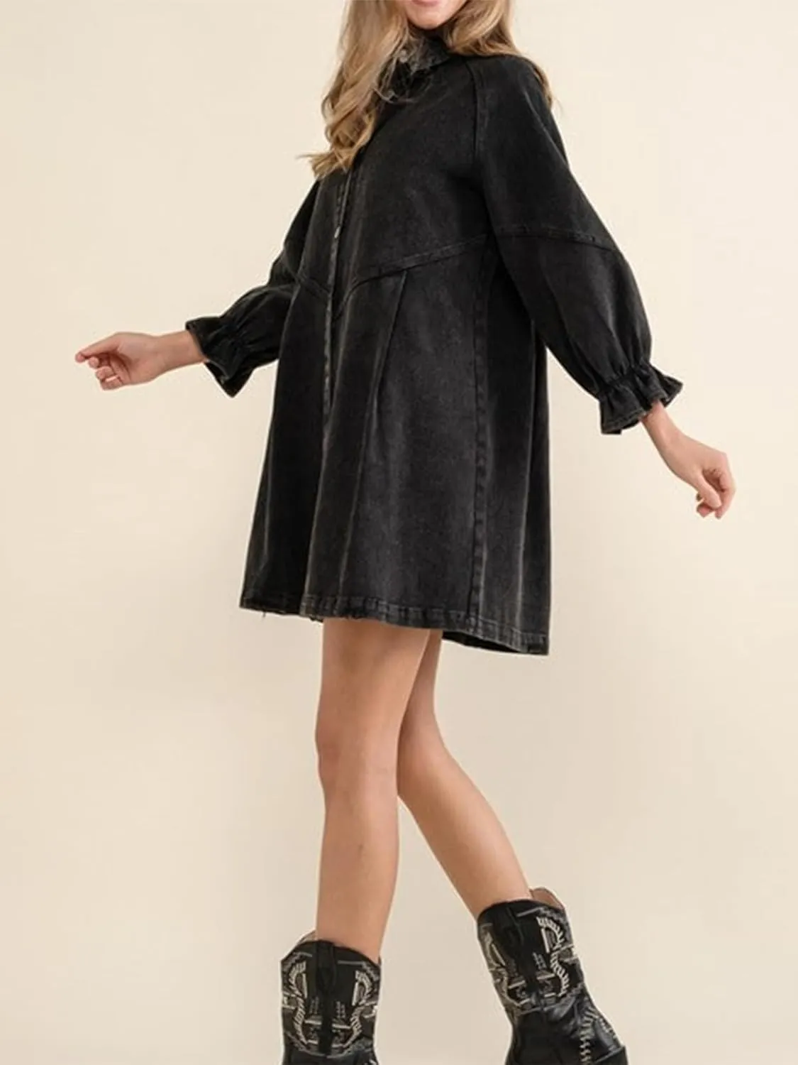 ALSOGO Women Denim Shirt Dress 3/4 Long Sleeves Casual Button Down Babydoll Flowy Jean Dresses