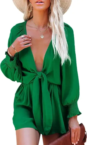 AlvaQ Rompers for Women 2024 Summer Tie Knot Front Sexy V Neck Short Jumpsuits