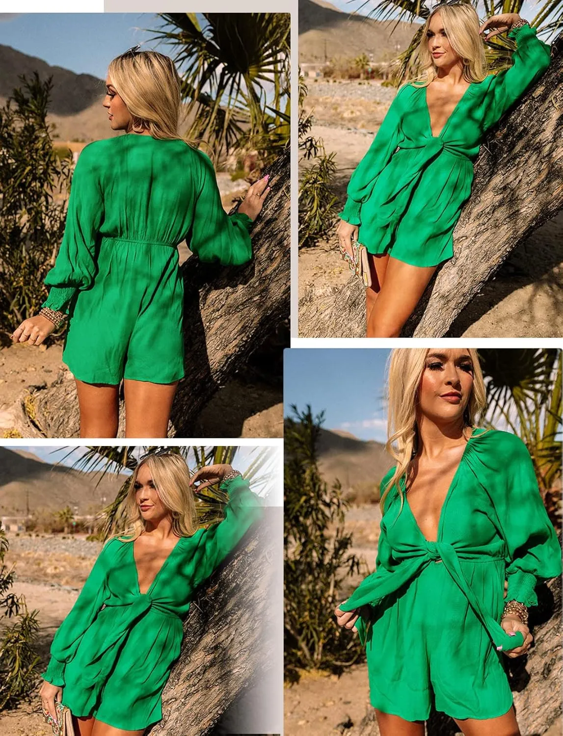 AlvaQ Rompers for Women 2024 Summer Tie Knot Front Sexy V Neck Short Jumpsuits