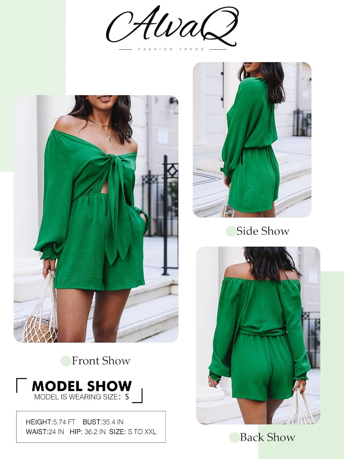 AlvaQ Rompers for Women 2024 Summer Tie Knot Front Sexy V Neck Short Jumpsuits