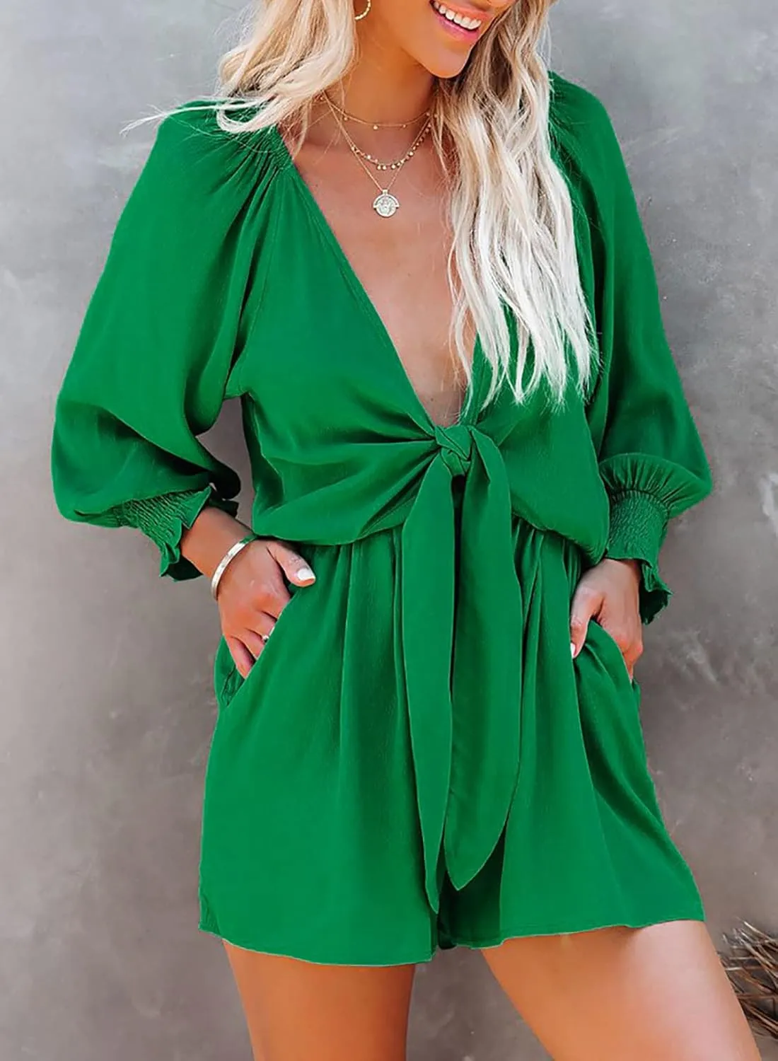 AlvaQ Rompers for Women 2024 Summer Tie Knot Front Sexy V Neck Short Jumpsuits