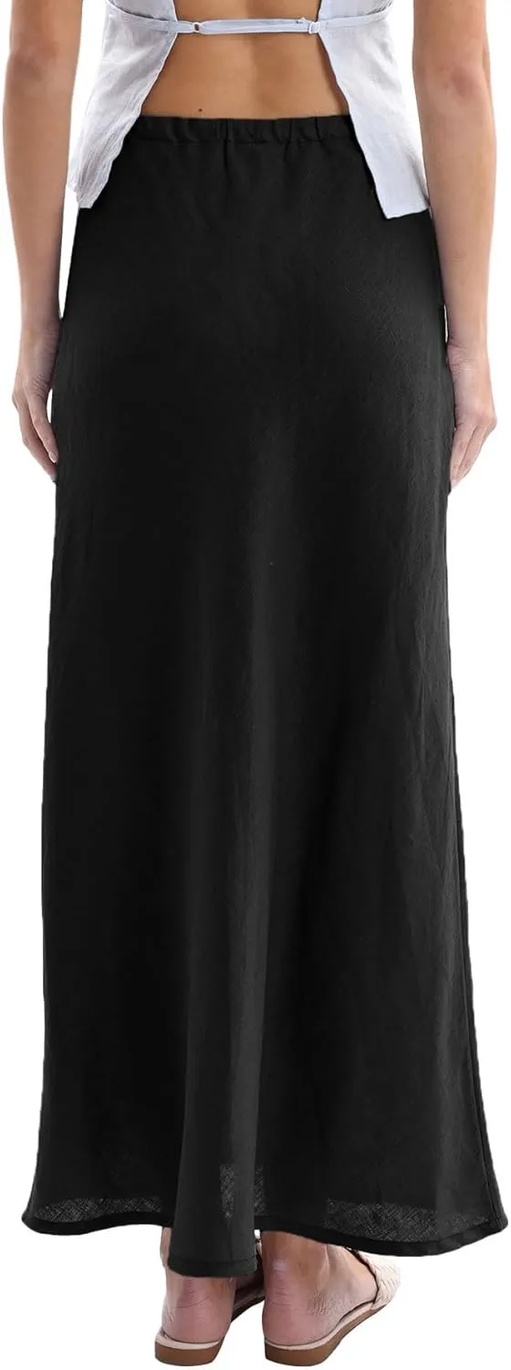 Amazhiyu Women's 100% Linen Drawstring A-Line Midi Skirt for Casual Summer Spring