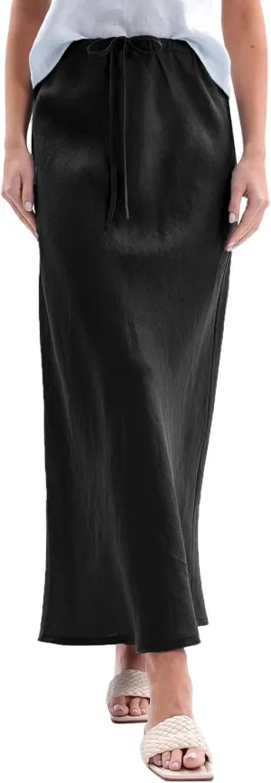 Amazhiyu Women's 100% Linen Drawstring A-Line Midi Skirt for Casual Summer Spring