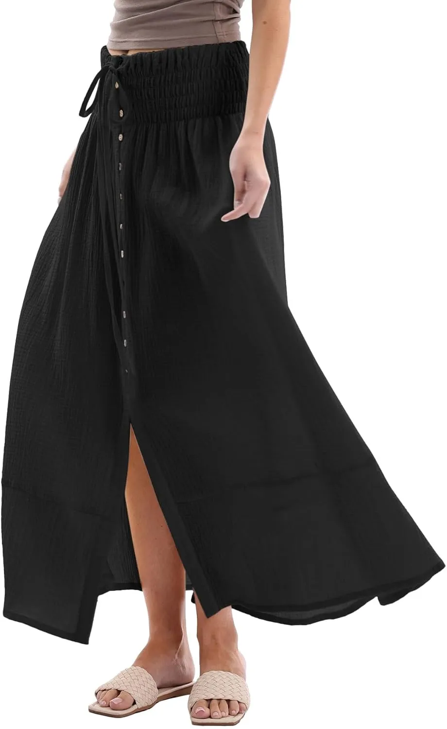 Amazhiyu Women's Summer Beach Crinkle Cotton Gauze Button-Front Slit Maxi Skirt