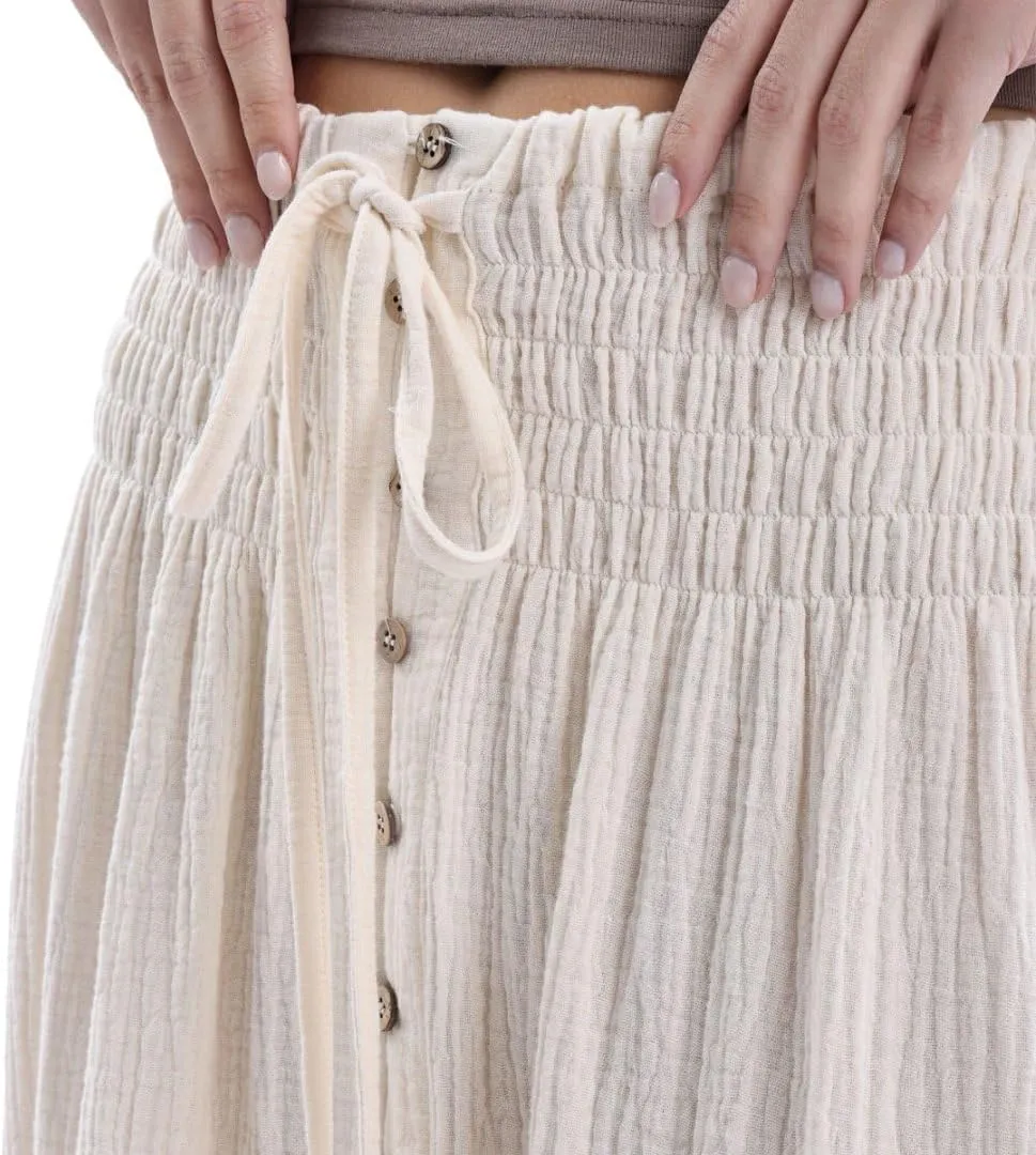 Amazhiyu Women's Summer Beach Crinkle Cotton Gauze Button-Front Slit Maxi Skirt