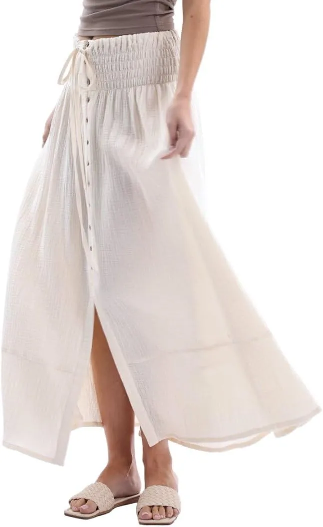 Amazhiyu Women's Summer Beach Crinkle Cotton Gauze Button-Front Slit Maxi Skirt