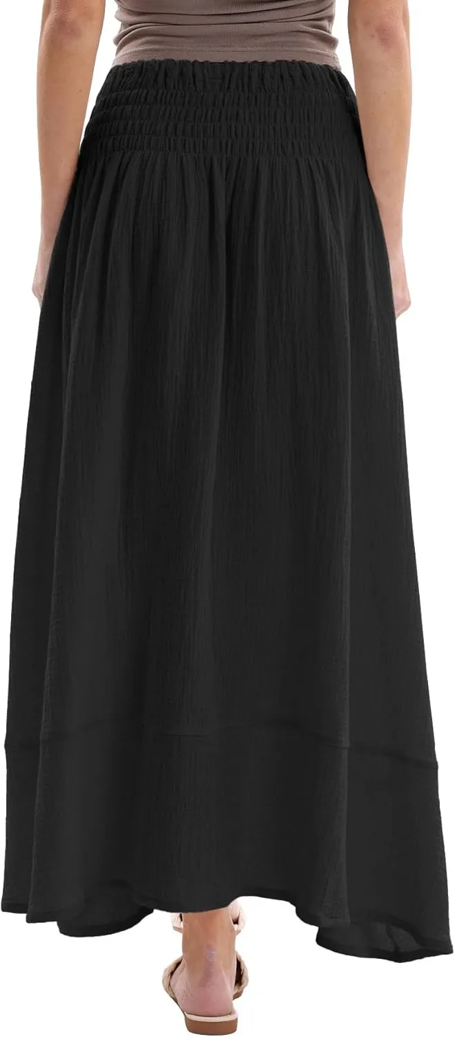 Amazhiyu Women's Summer Beach Crinkle Cotton Gauze Button-Front Slit Maxi Skirt