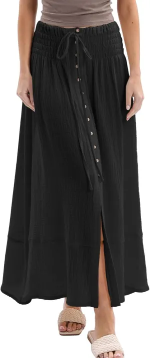 Amazhiyu Women's Summer Beach Crinkle Cotton Gauze Button-Front Slit Maxi Skirt