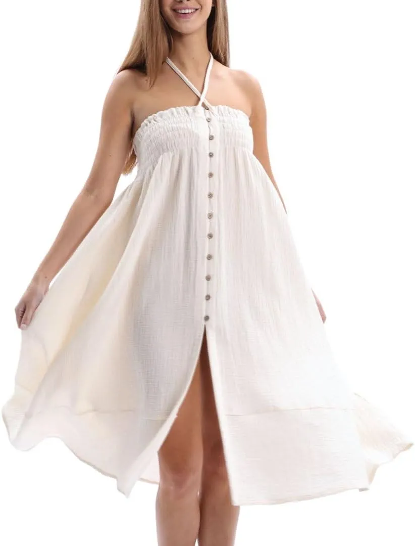 Amazhiyu Women's Summer Beach Crinkle Cotton Gauze Button-Front Slit Maxi Skirt