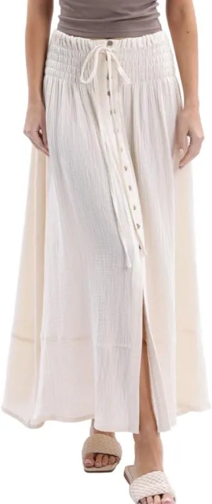 Amazhiyu Women's Summer Beach Crinkle Cotton Gauze Button-Front Slit Maxi Skirt