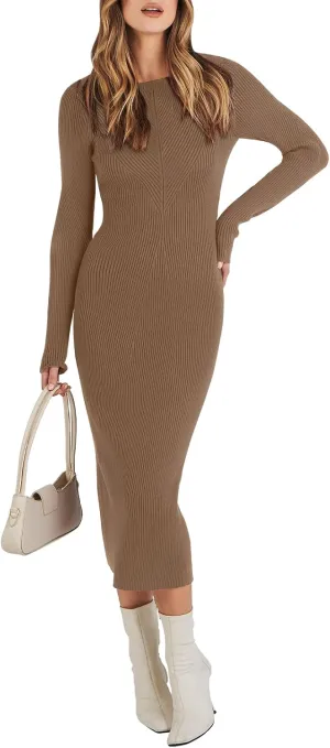 ANRABESS Women Long Sleeve Crewneck Sweater Dress Ribbed Knit Stretch Slim Fit Bodycon Midi Dresses Fall Fashion Outfits
