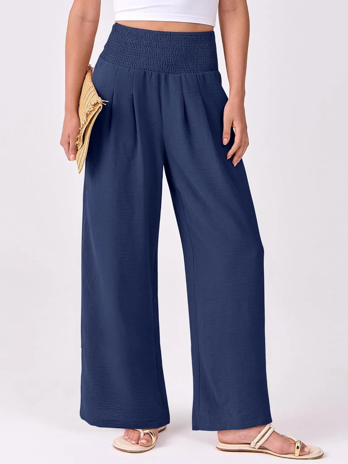 ANRABESS Women Palazzo Pants Summer Flowy Wide Leg High Waist Lounge Trousers with Pockets 2025 Casual Beach Vacation Outfits