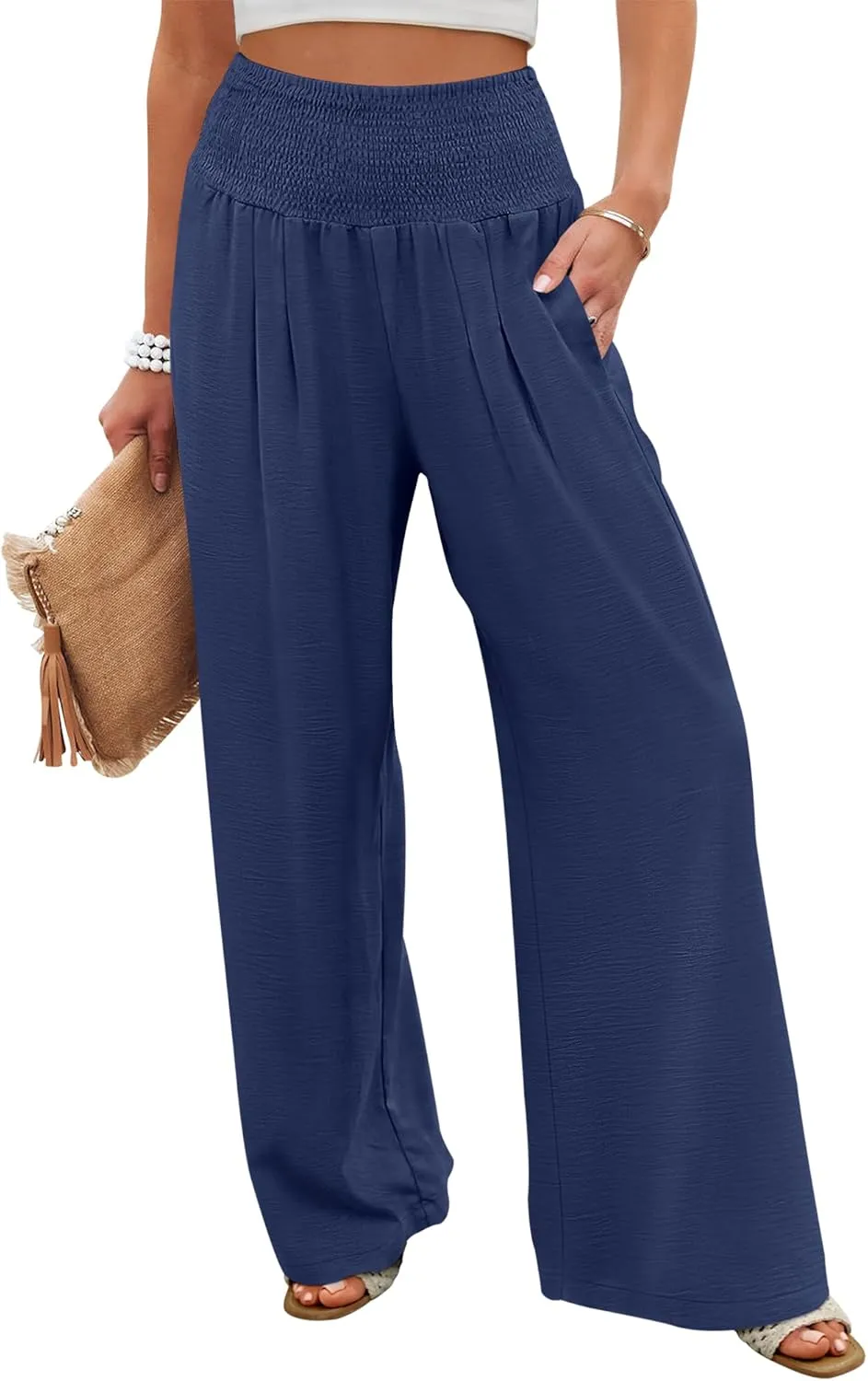 ANRABESS Women Palazzo Pants Summer Flowy Wide Leg High Waist Lounge Trousers with Pockets 2025 Casual Beach Vacation Outfits