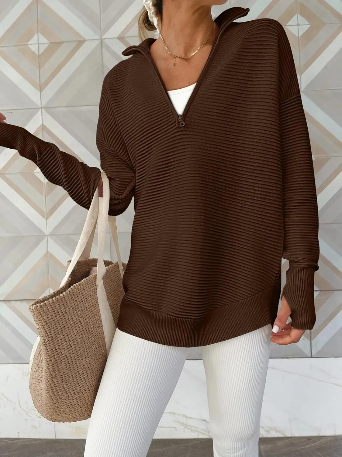 ANRABESS Women's 2025 Fall Long Sleeve Half Zip Casual Oversized Ribbed Knit Pullover Sweater Top Thumb Hole Trendy Outfits
