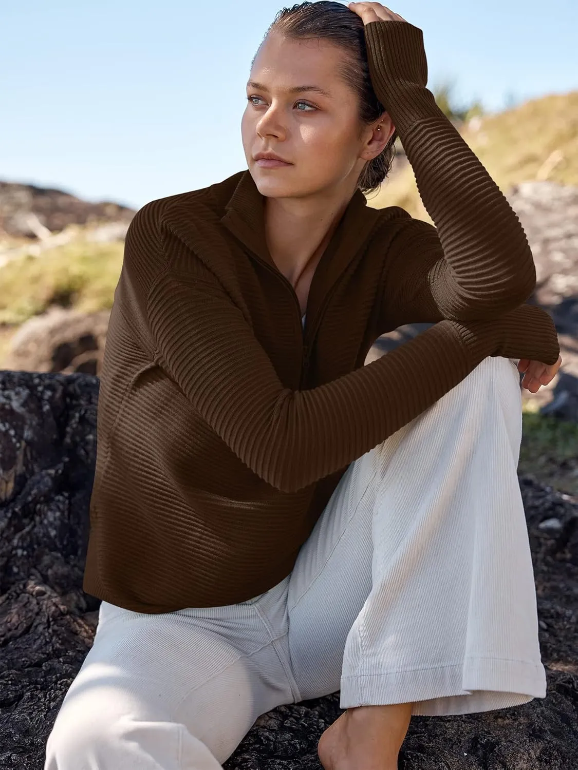 ANRABESS Women's 2025 Fall Long Sleeve Half Zip Casual Oversized Ribbed Knit Pullover Sweater Top Thumb Hole Trendy Outfits