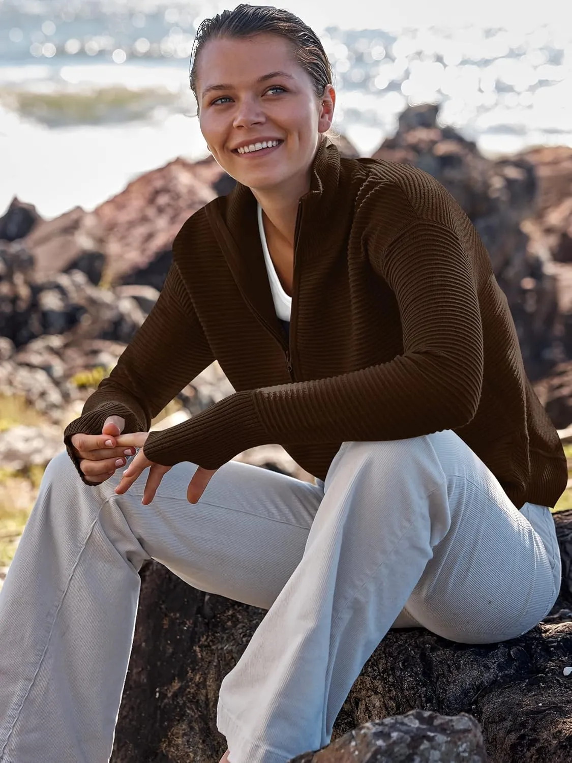 ANRABESS Women's 2025 Fall Long Sleeve Half Zip Casual Oversized Ribbed Knit Pullover Sweater Top Thumb Hole Trendy Outfits