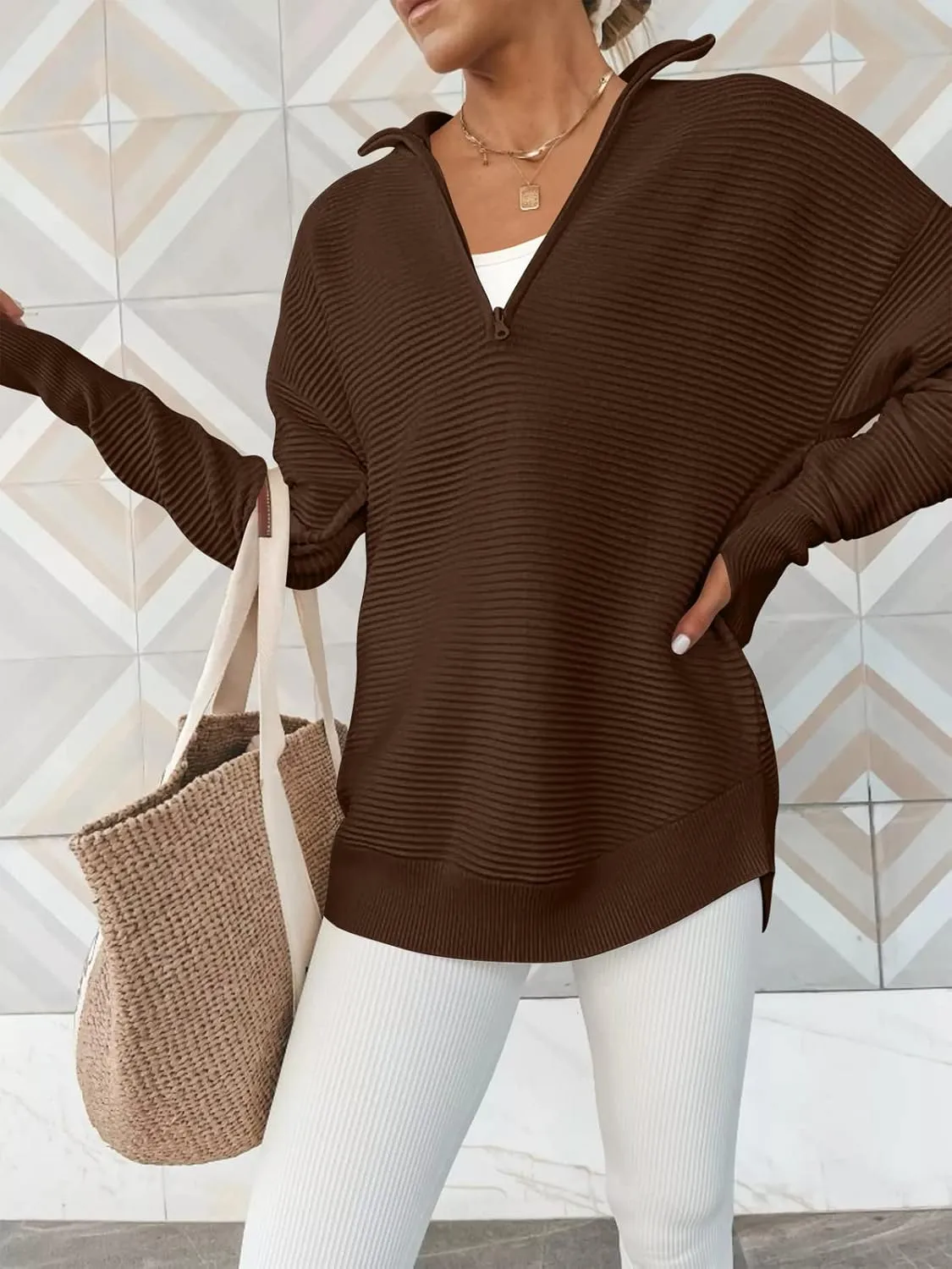 ANRABESS Women's 2025 Fall Long Sleeve Half Zip Casual Oversized Ribbed Knit Pullover Sweater Top Thumb Hole Trendy Outfits