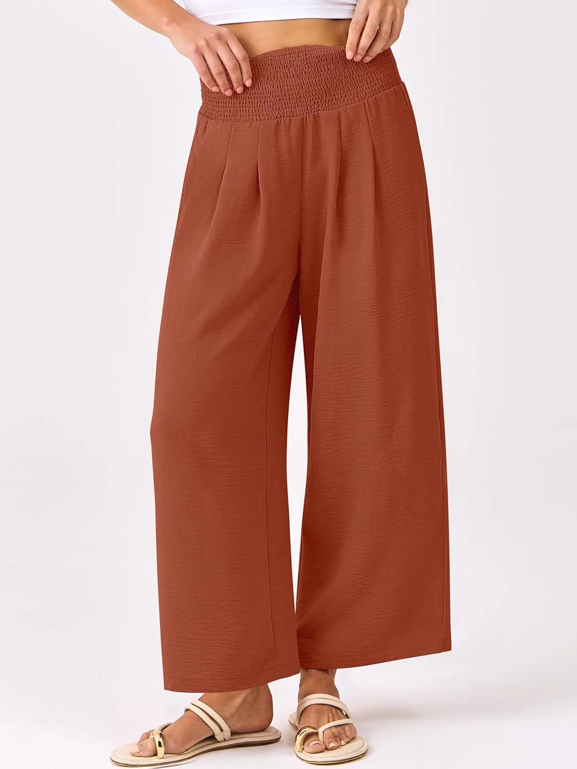 ANRABESS Womens Cropped Pants Wide Leg High Waisted Palazzo Pants Summer Flowy Beach Lounge Casual Trousers with Pockets