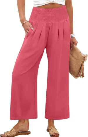 ANRABESS Womens Cropped Pants Wide Leg High Waisted Palazzo Pants Summer Flowy Beach Lounge Casual Trousers with Pockets