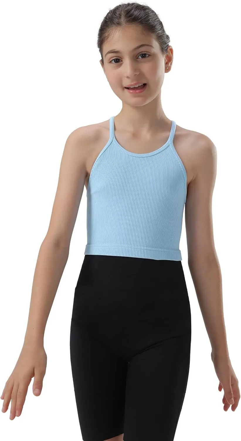 Attifall Girls Ribbed Crop Tank Top Pack Seamless Racerback Cami Tanks for Teen Girl Dance Athletic Cropped Tops
