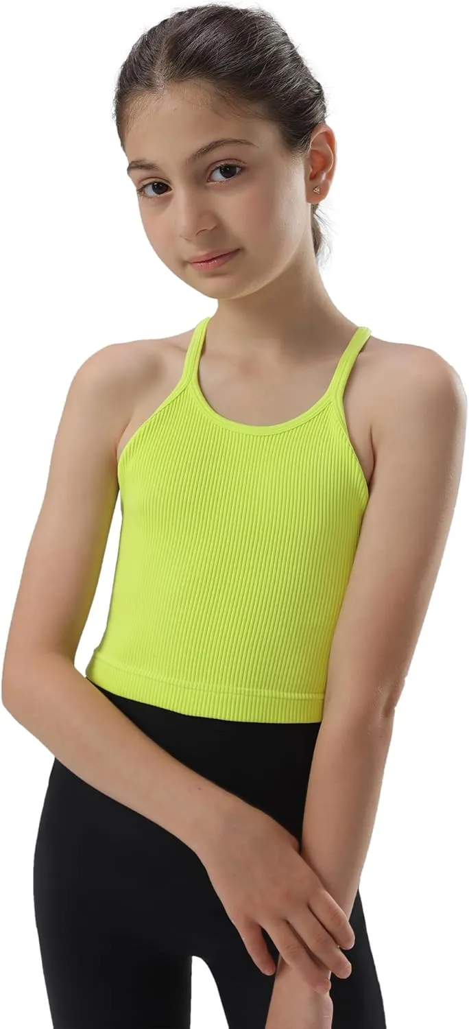 Attifall Girls Ribbed Crop Tank Top Pack Seamless Racerback Cami Tanks for Teen Girl Dance Athletic Cropped Tops