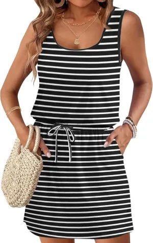AUSELILY Summer Dresses for Women 2025 Casual Sleeveless Drawstring Waist Beach Cover up Mini Short Dresses with Pockets