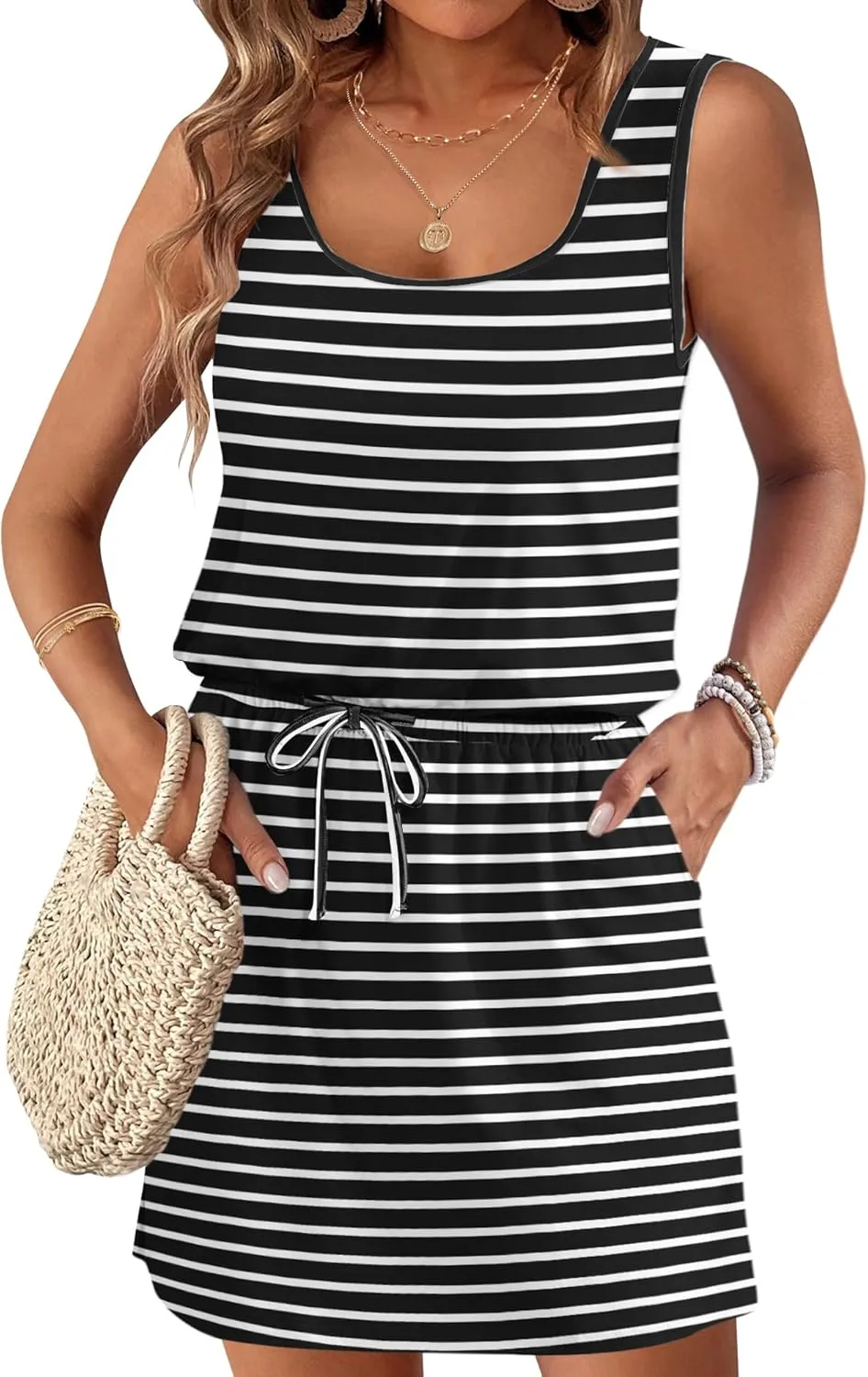 AUSELILY Summer Dresses for Women 2025 Casual Sleeveless Drawstring Waist Beach Cover up Mini Short Dresses with Pockets
