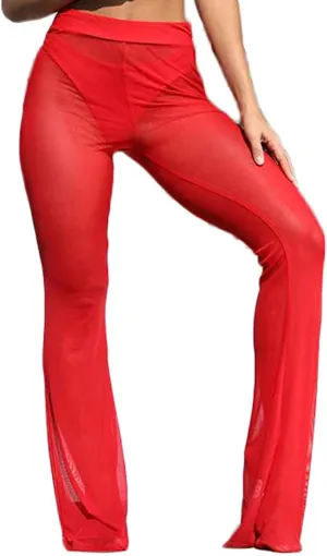Awoscut Women See Through Sheer Mesh Pants Beach Swimsuit Bikini Bottom Cover up Party Club Elastic High Waist Wide Leg Pants