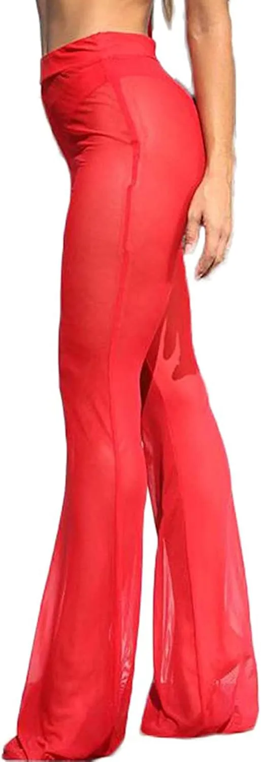 Awoscut Women See Through Sheer Mesh Pants Beach Swimsuit Bikini Bottom Cover up Party Club Elastic High Waist Wide Leg Pants