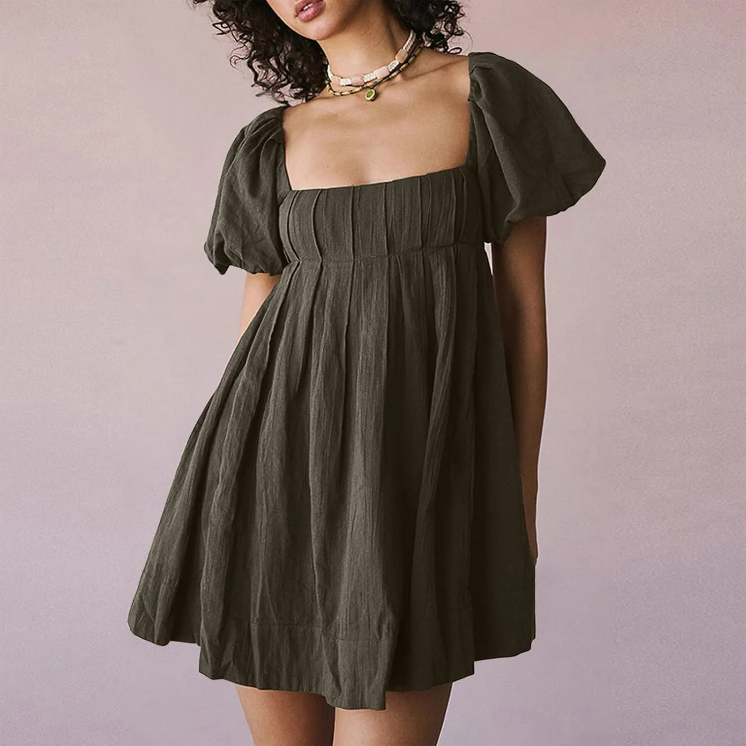 Babydoll Dress for Women 2024 Cute Puff Sleeve Dress Square Neck Short Dress High Waist Ruffle A Line Mini Dresses