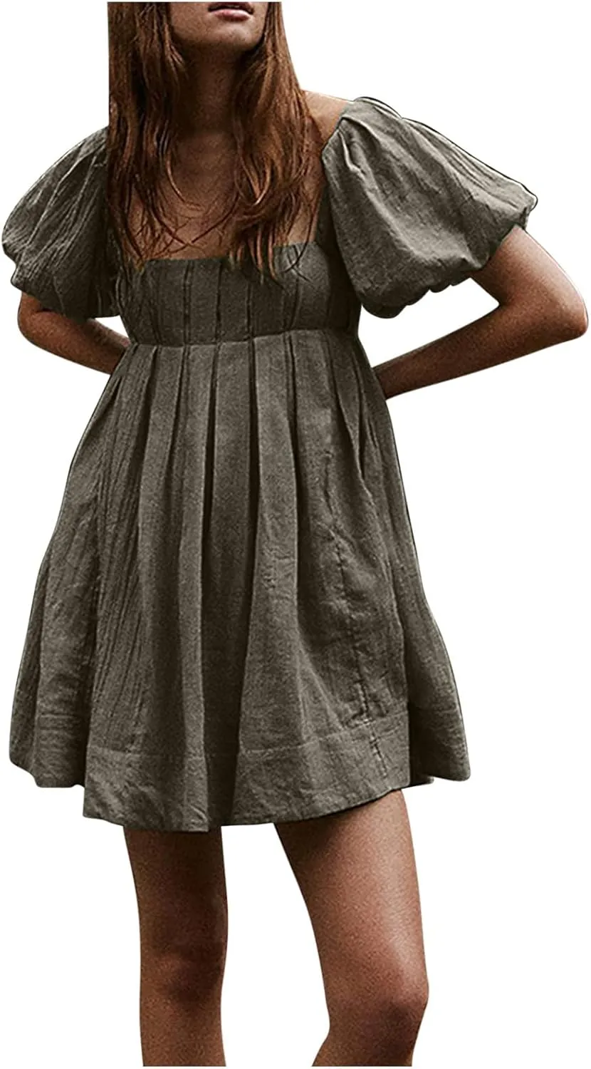 Babydoll Dress for Women 2024 Cute Puff Sleeve Dress Square Neck Short Dress High Waist Ruffle A Line Mini Dresses