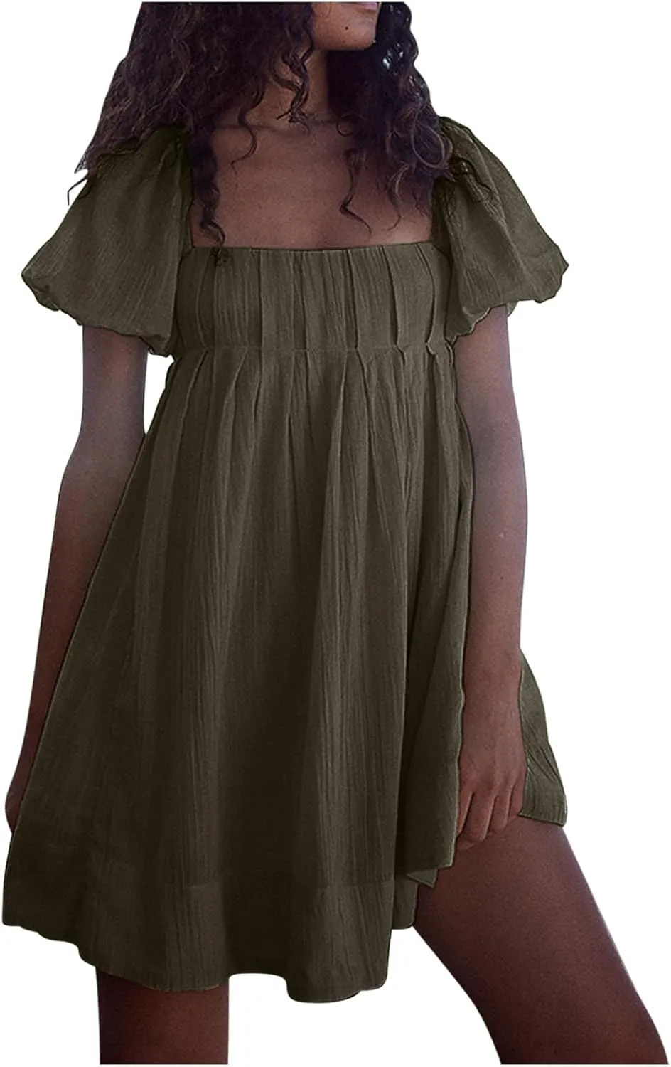 Babydoll Dress for Women 2024 Cute Puff Sleeve Dress Square Neck Short Dress High Waist Ruffle A Line Mini Dresses