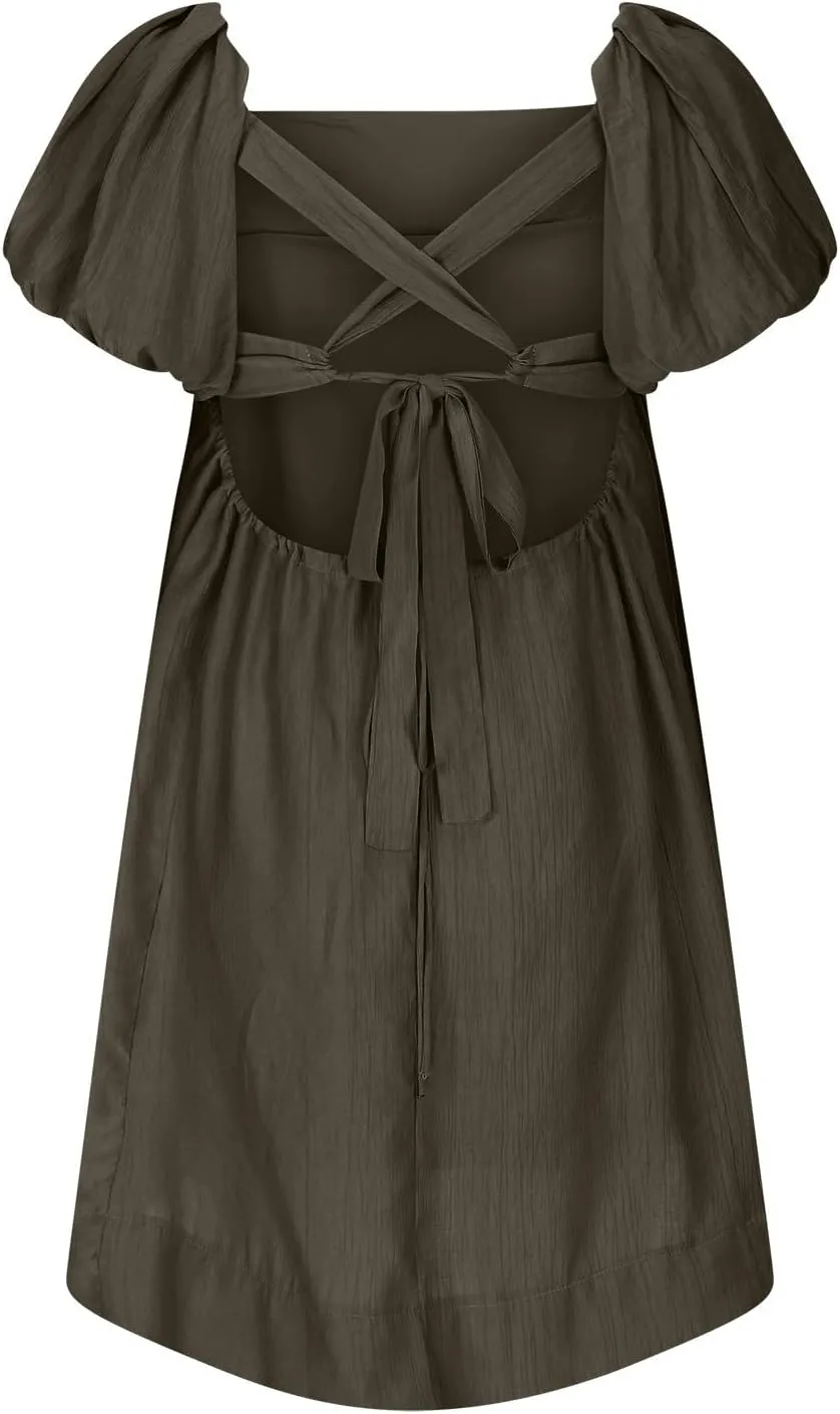 Babydoll Dress for Women 2024 Cute Puff Sleeve Dress Square Neck Short Dress High Waist Ruffle A Line Mini Dresses