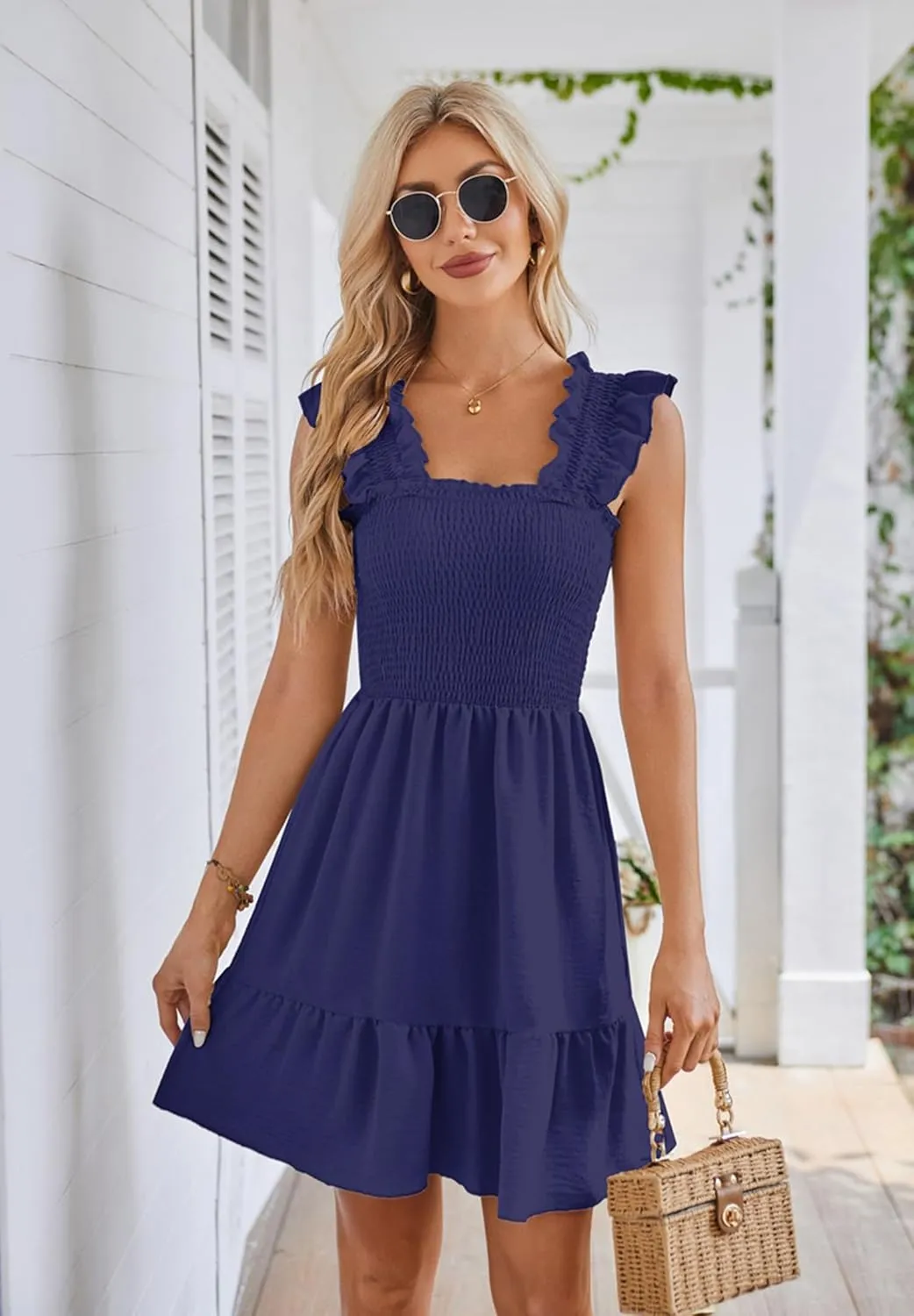 Beautiful Nomad Women's Summer Square Neck Smocked Ruffle Backless Dress Casual Boho Mini Short Dresses