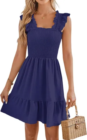 Beautiful Nomad Women's Summer Square Neck Smocked Ruffle Backless Dress Casual Boho Mini Short Dresses
